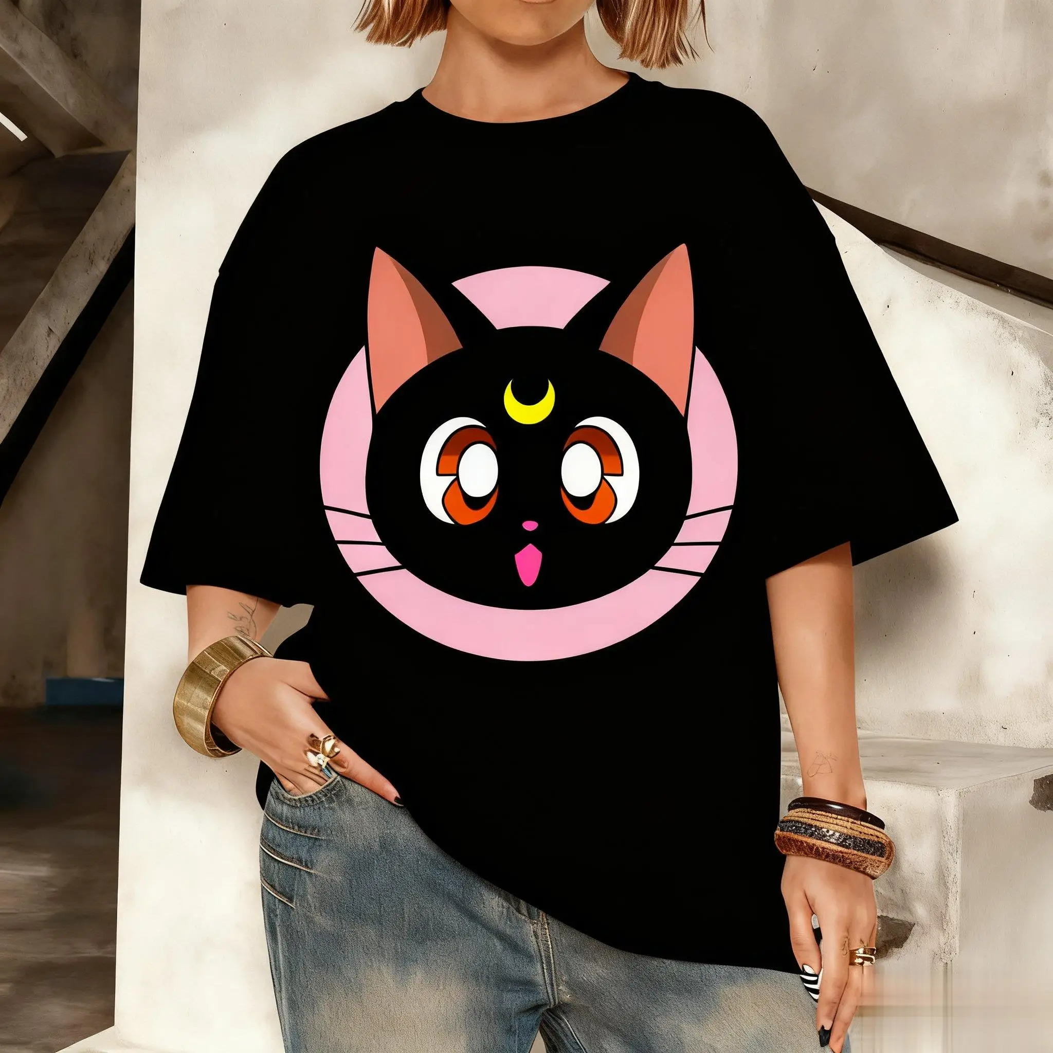 2026 Summer Sailor Moon Retro Cosplay T-shirt Men's Oversize Casual Cotton Printed Short-sleeved Unisex Children's Sports Shirt