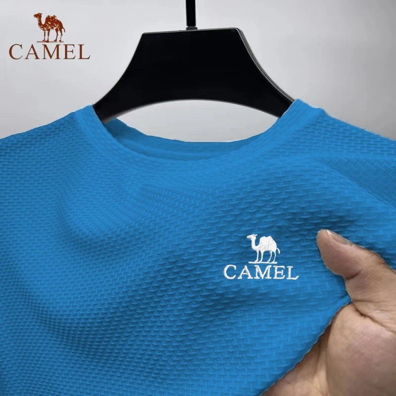 High End Embroidered CAMEL Ice Silk Mesh Short Sleeved T-shirt for Men\'s Summer Fashion Casual Breathable Short Sleeved Polo Top