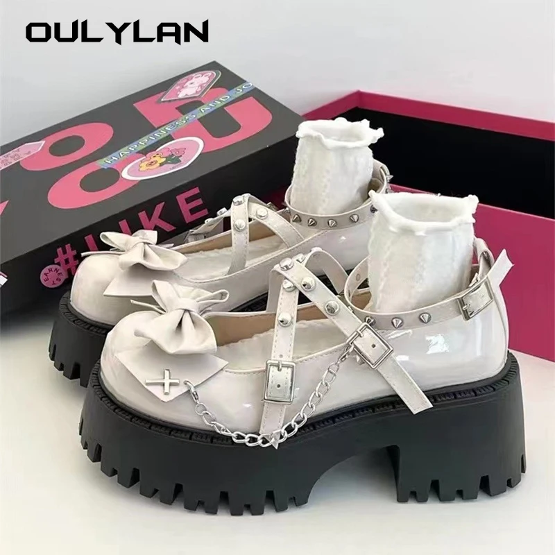 2024 Hot Sale Spring Quality Lolita Women's Pumps Sweet Bowknot Rivet Chains Lady Shoes Fashion Platform Dress Pumps