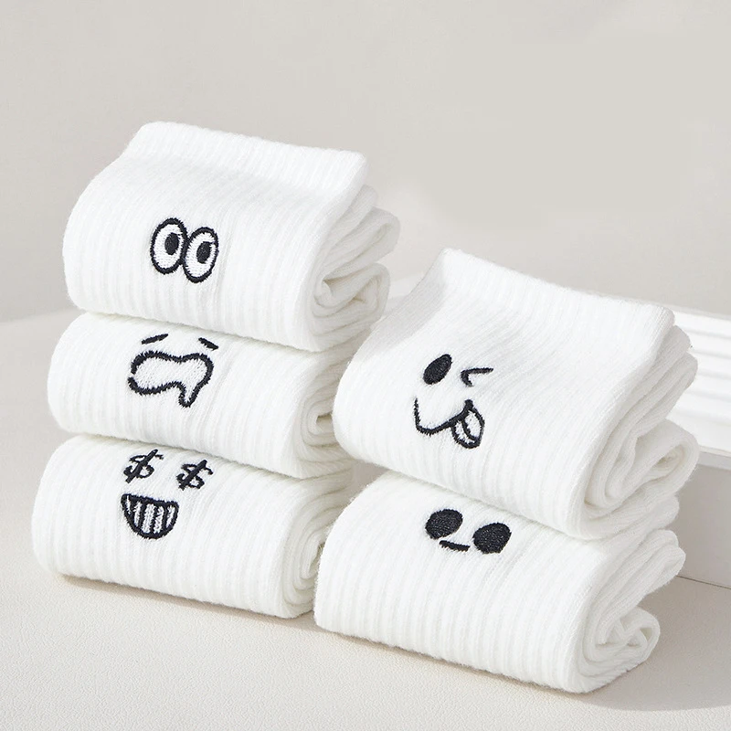 5 Pairs of Men\'s and Women\'s Same Style Pure White Cute Small Expression Tube Socks Comfortable White Match Suitable for Daily T