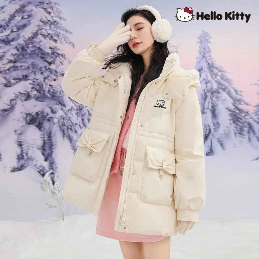 

Kawaii New Hello Kitty Women Winter Mid-Length Coat Sanrio Down Jacket Thicken Warm Hooded Cotton Clothes Student Sports Tops