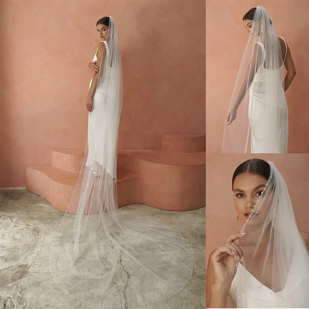 

Pearl Edge Bridal Veils Cathedral Long Elegant Luxury Wedding Veil Tulle With Comb White Ivory Custom Made 3M