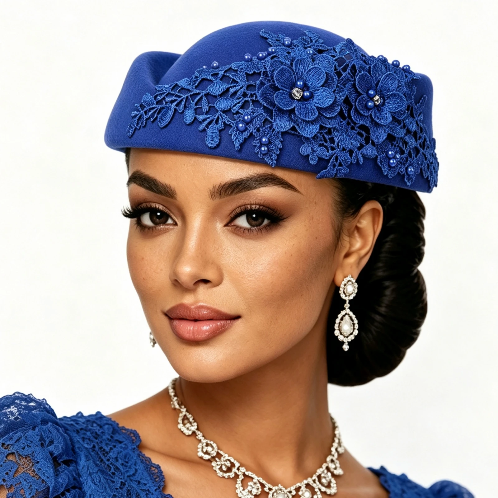 Women Pillbox Church Hat Lace Flower Beaded Formal Hat for Church Wedding Tea Party Kentucky Derby Millinery Headwear