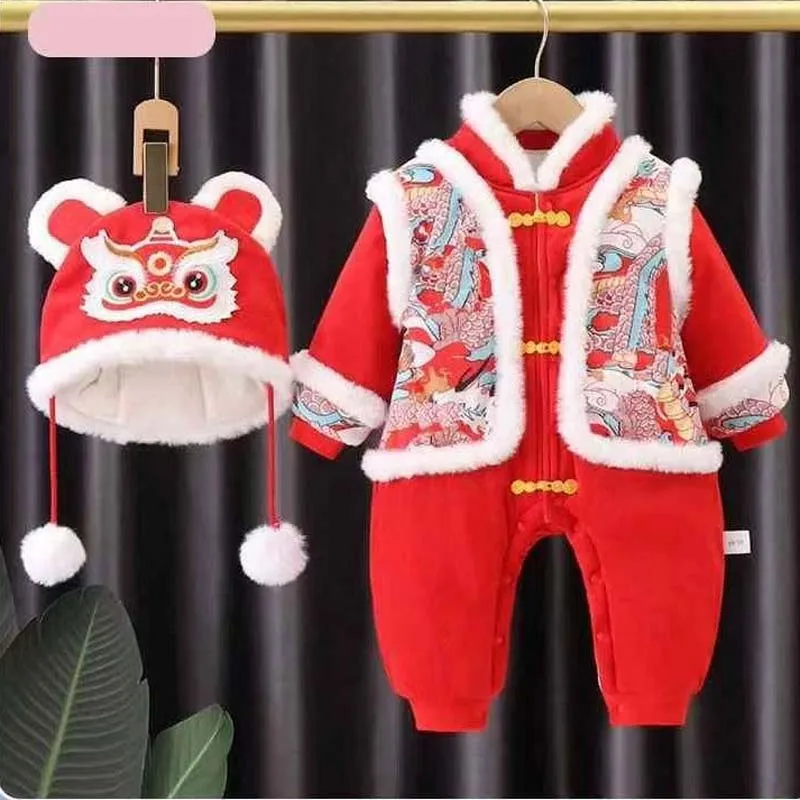 

Новый зимний китайский новогодний плотный детский комбинезон с шапкой