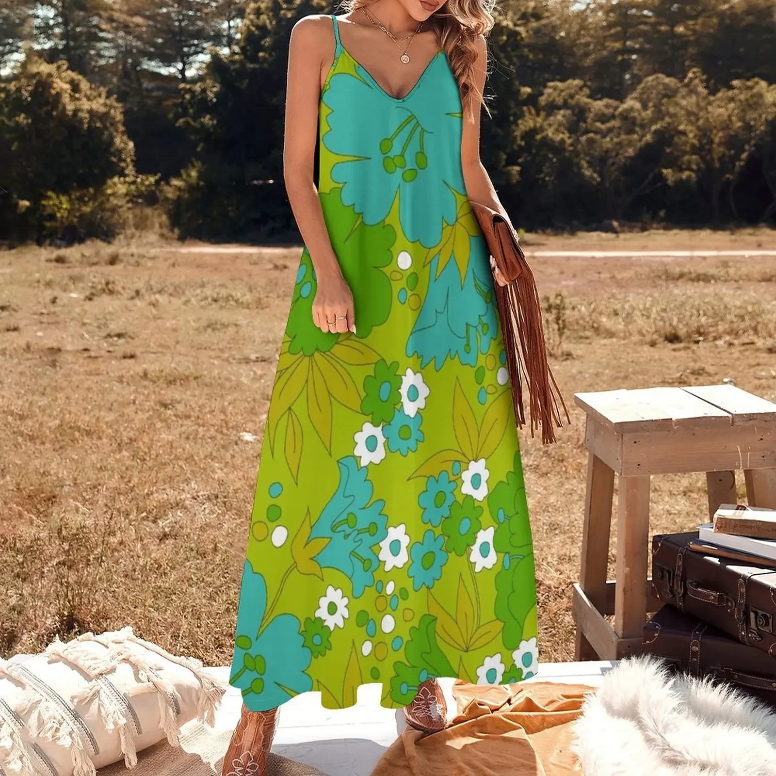 Green, Turquoise, and White Retro Flower Pattern Sleeveless Dress womans clothing summer dress women 2024 Dress