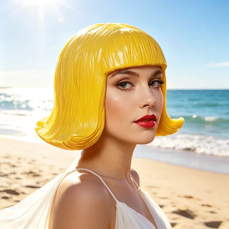 Yellow short wave hairstyle, beautiful CD wig, realistic makeup, latex mask, reusable, comfortable to wear, headband style