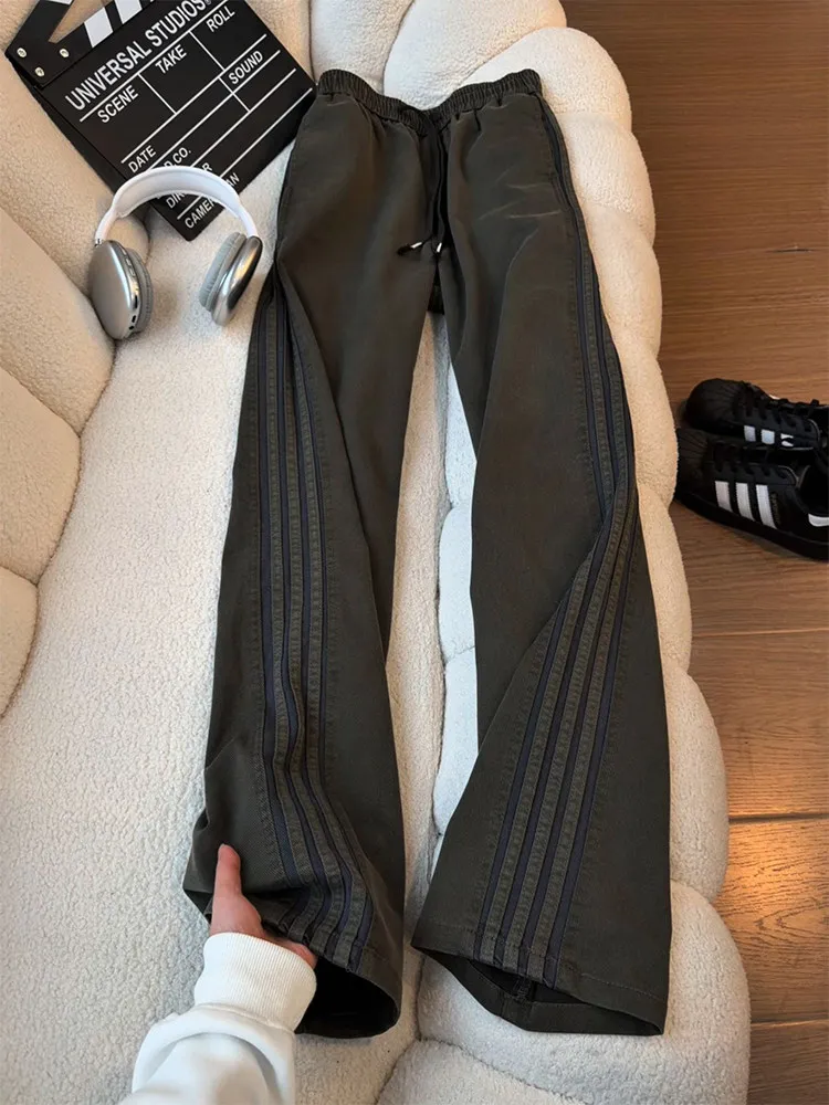 

Cleanfit Men's American Retro Striped Workwear Pants Drapey Straight Leg Spor Casual Long Trousers Tee Bars Design