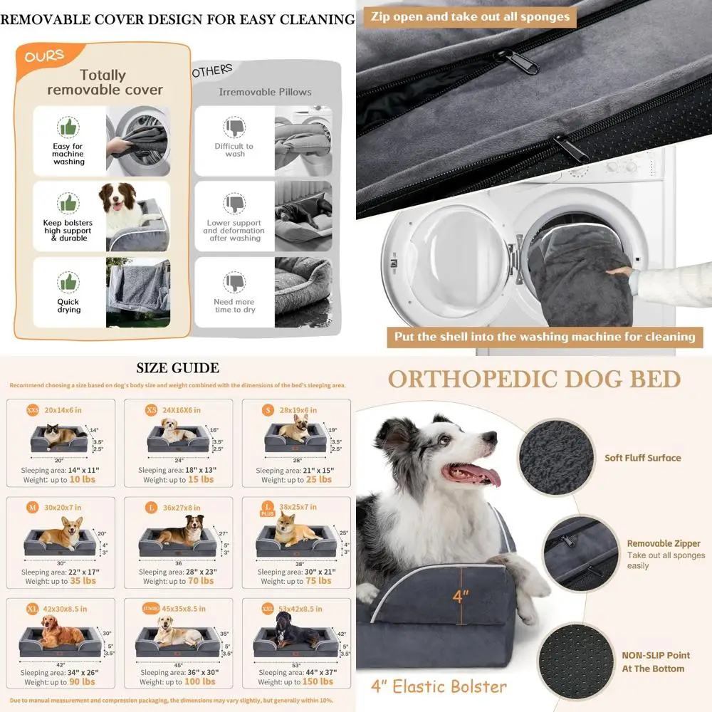 

Large Dog Bed 38x25 Waterproof Egg Crate Foam, Removable Bolster, Washable Cover, Non-Slip Base, Grey