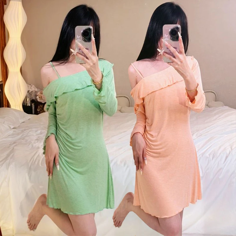 

2025 Autumn Long Sleeve Modal Sexy Lingerie Nightgowns for Women Korean Cute Sleepwear Night Dress Nightdress Ladies Home Nighty