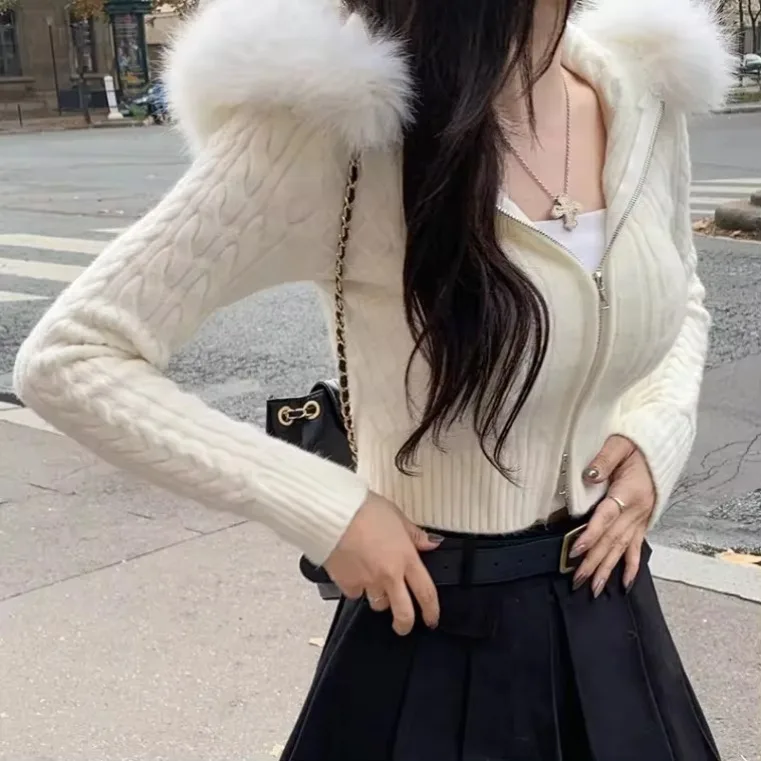 Korean Style Zip-up Cropped Sweater Cardigan Women Sweet New Casual Basic Slim-fit Feathers Hooded Knitted Jackets Autumn