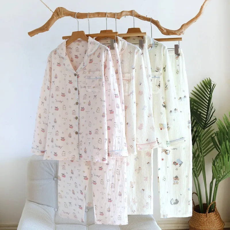 

2026 Spring/Summer New Women's Pajama Set 100% Cotton Crepe Long Sleeve Long Pants Cute Sweet Large Home Clothes Two Piece Set