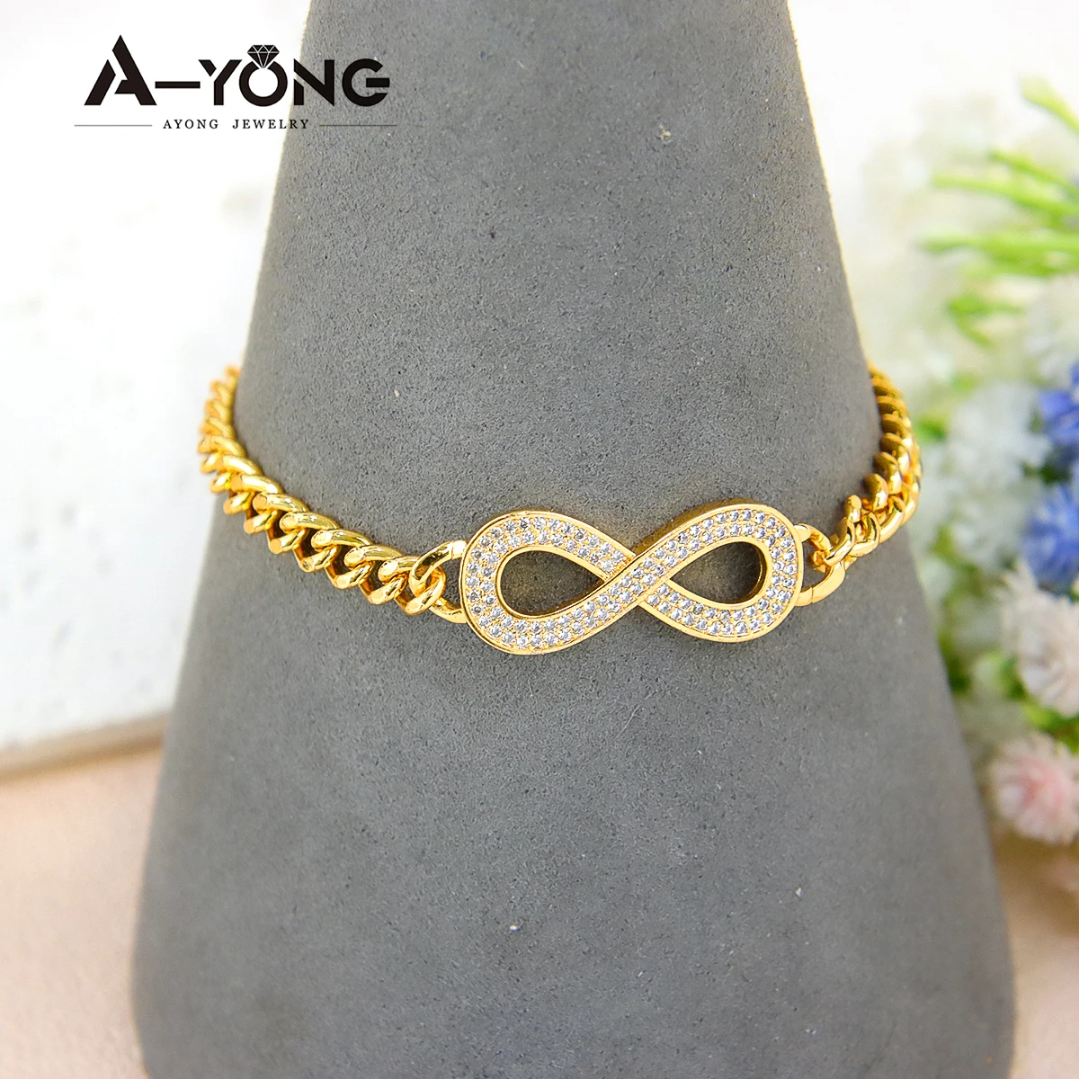 Italienisches Mode-Zirkonia-Schmuckset, 21 Karat vergoldet, Unendlichkeits-Anhänger, Halskette, Armband, arabische Frauen, Event-Party-Schmuck – Detail 7