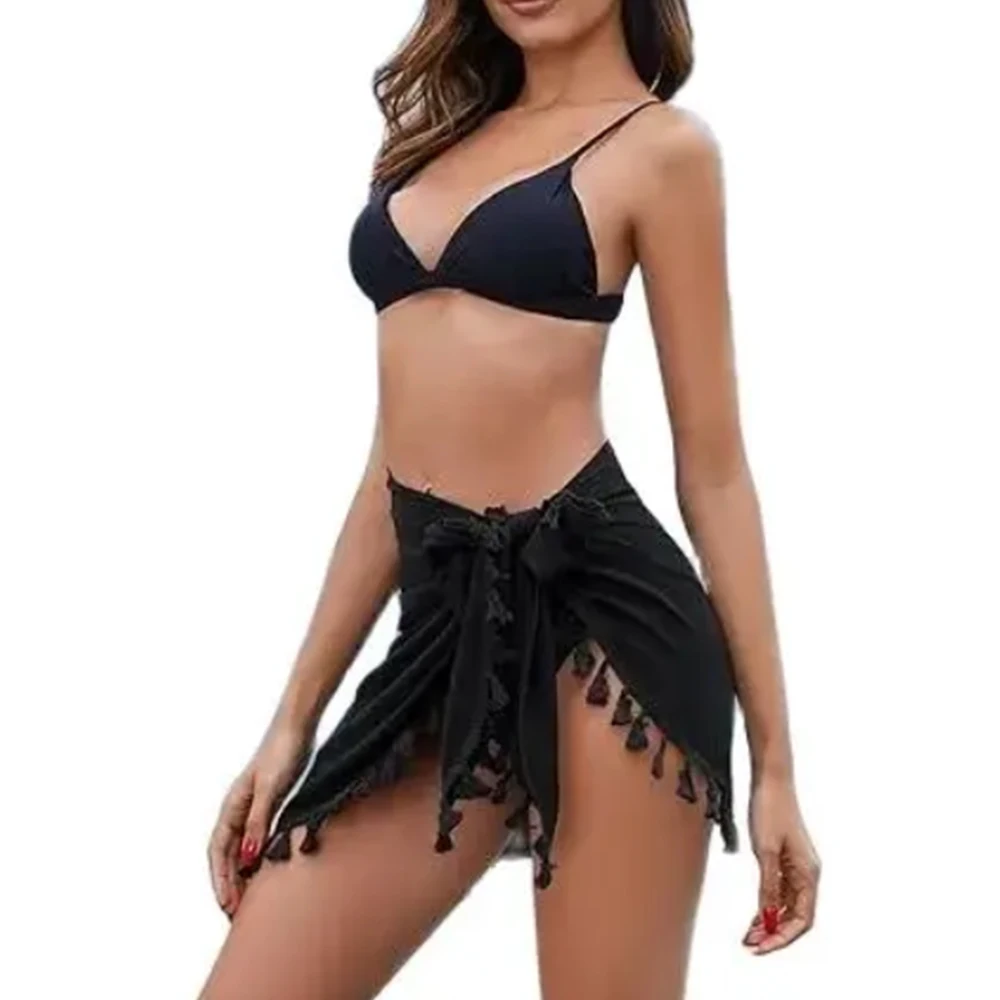 2024 Women's Sarong Coverups Sexy Short Bathing Suit Chiffon Wrap Skirt Beach Swimsuit Cover Ups with Tassels Swimwear