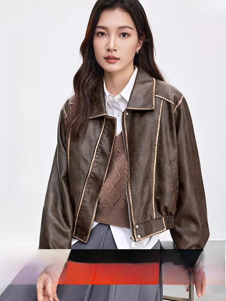 モダンなスレロングスベPUレザージャケット、2026年春、ゆったりフィット、ジッパー開閉、スリム効果、ファッショナブルなアウターウェア