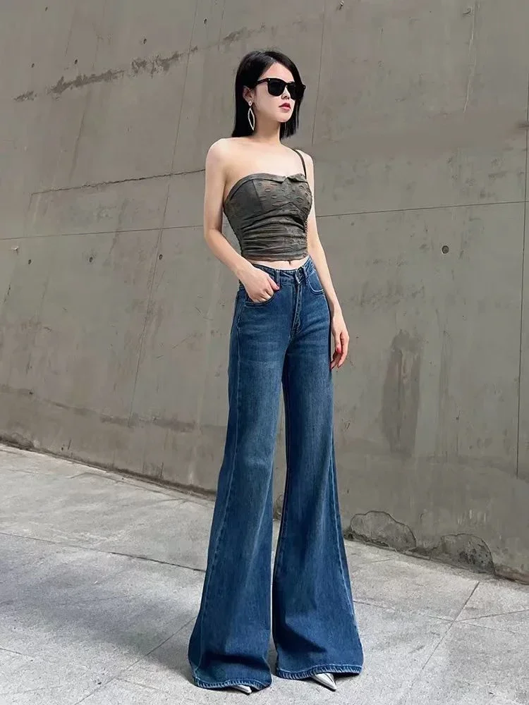 Women's Retro Micro Flared Wide Leg Jeans Cool Girl Streetwear High Waisted Cowboy 90s Trouser Casual Y2K Straight Denim Pants