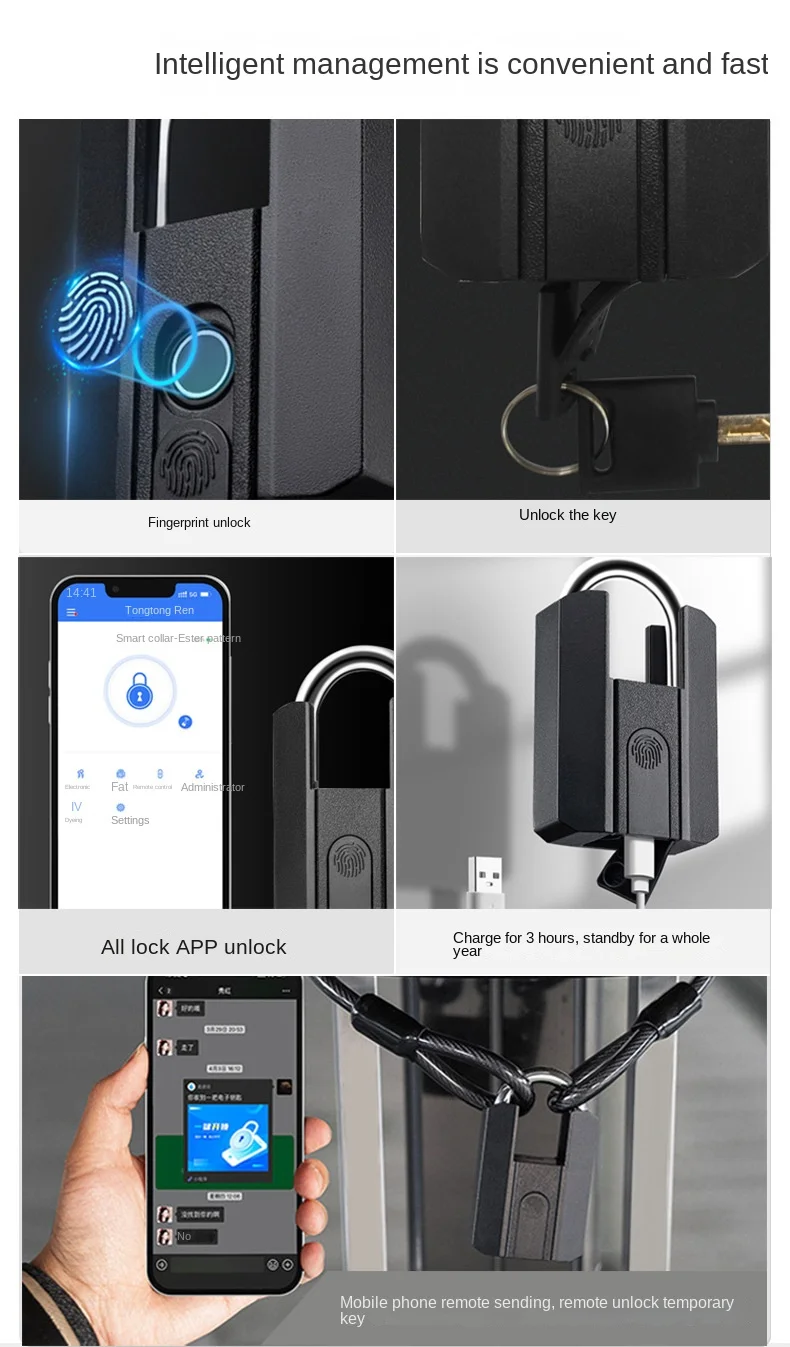 Intelligent padlock remote unlocking waterproof fingerprint lock outdoor electronic lock with key