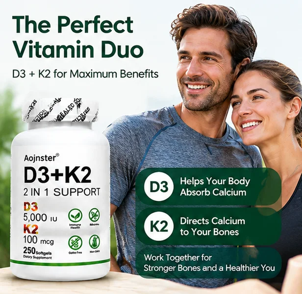 Vitamin D3 K2 2 in 1 Support Softgels, 5000 IU Vitamin D3 & 100 mcg Vitamin K2,Gluten Free Non-GMO Dietary Supplement