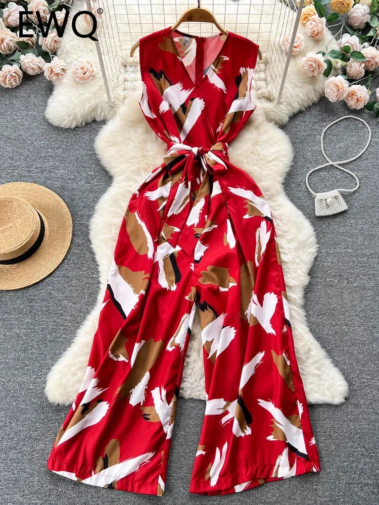 Ewq Elegante Stijl Chique Jumpsuit Vrouwen V-Hals Hoge Taille Contrast Kleur Print Wijde Pijpen Jumpsuits Winter Lente 2024 Nieuwe 27sn5367