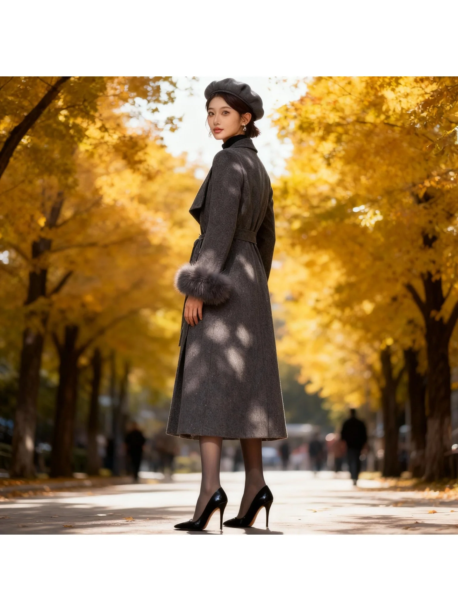

Fashionable Shiny Woolen Coat Jacket with Belt Autumn Winter New Style Luxury Windbreaker TX0190 Long Sleeve Midi Length