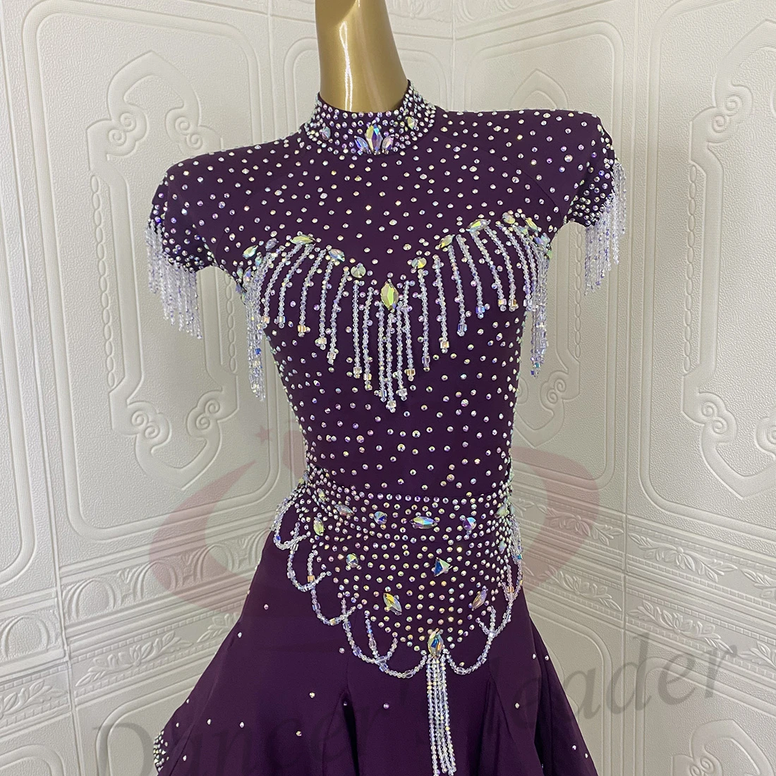 Sukienka do tańca latynoamerykańskiego AB Stone, damska, dla dorosłych i dzieci, ekskluzywna, szyta na miarę, z kryształami, frędzlami, kwiatami, czarna, na występy samba, do tańca basenowego.