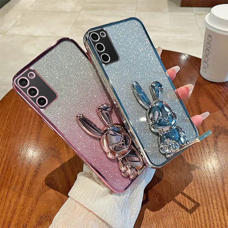 Glitter Rabbit luggage bracket Plating Phone Holder Case for Samsung Galaxy A02 A02S A03 A03S A04 A04E A05 A05S Back Cover