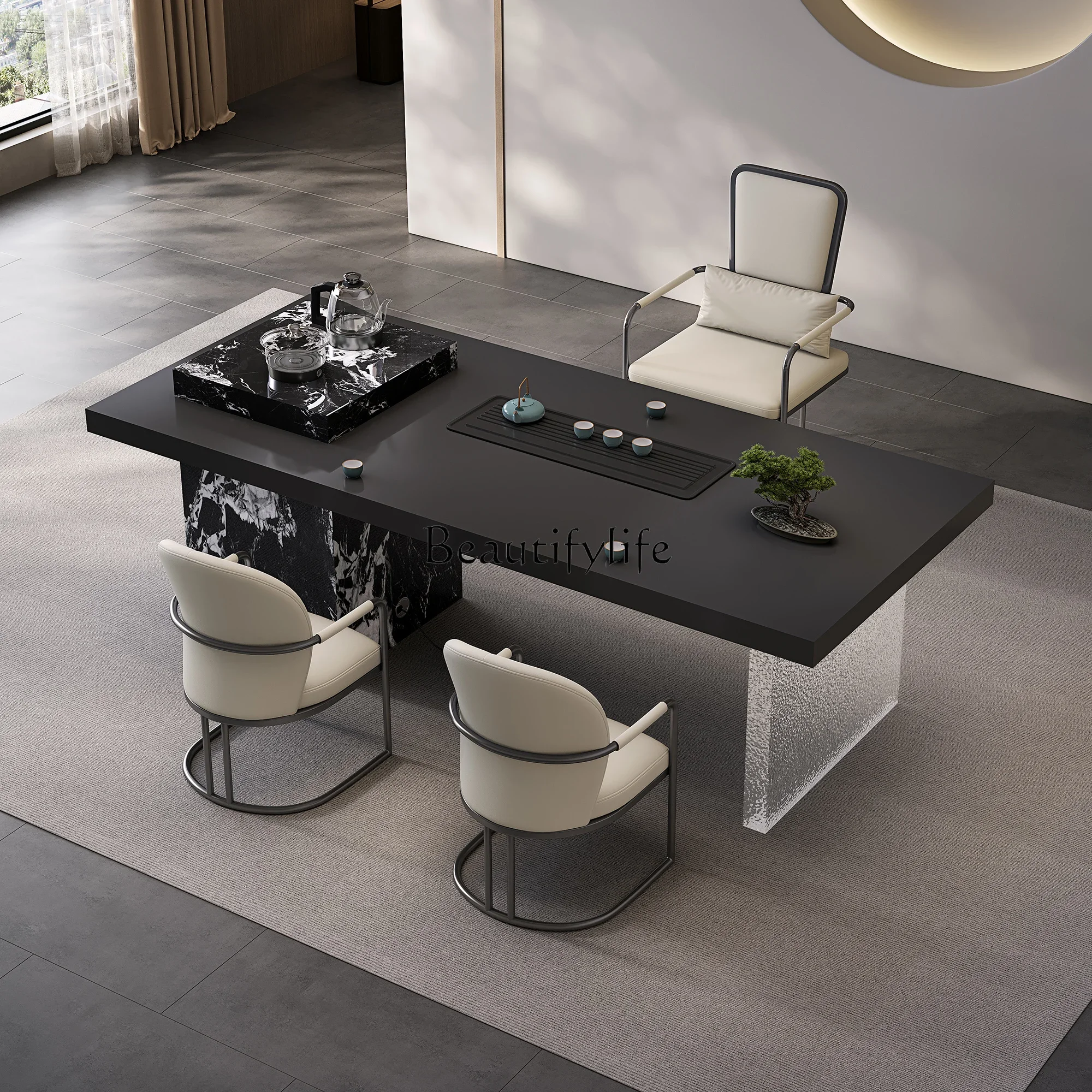 03Итальянский легкий роскошный минималистичный чайный столик из каменной плиты и комбинация стульев, встроенный большой доска, домашний балконный чайный столик