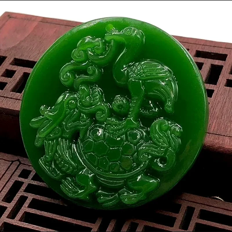 

Natural Green Hand Carved Crane Dragon Turtle Jade Pendant Fashion Boutique Jewelry Men's and Women's Leading Necklace