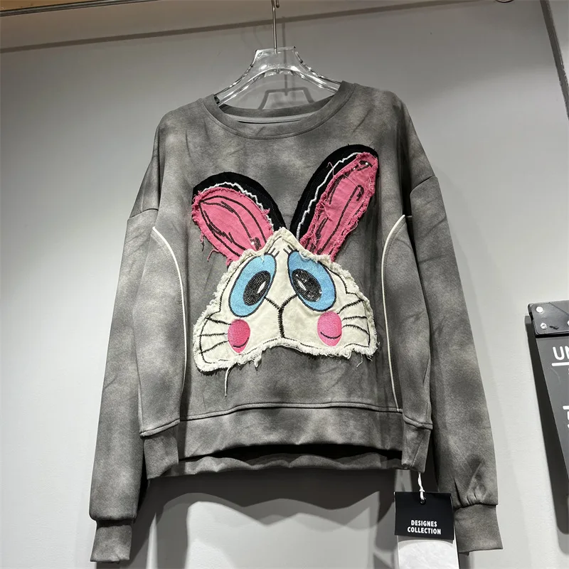 2025, Herbst, neue kurze Y2k-Kapuzenpullover, Rundhalsausschnitt, lange Ärmel, Farbverlaufsblock, Cartoon-Muster, lockeres, vielseitiges Sweatshirt