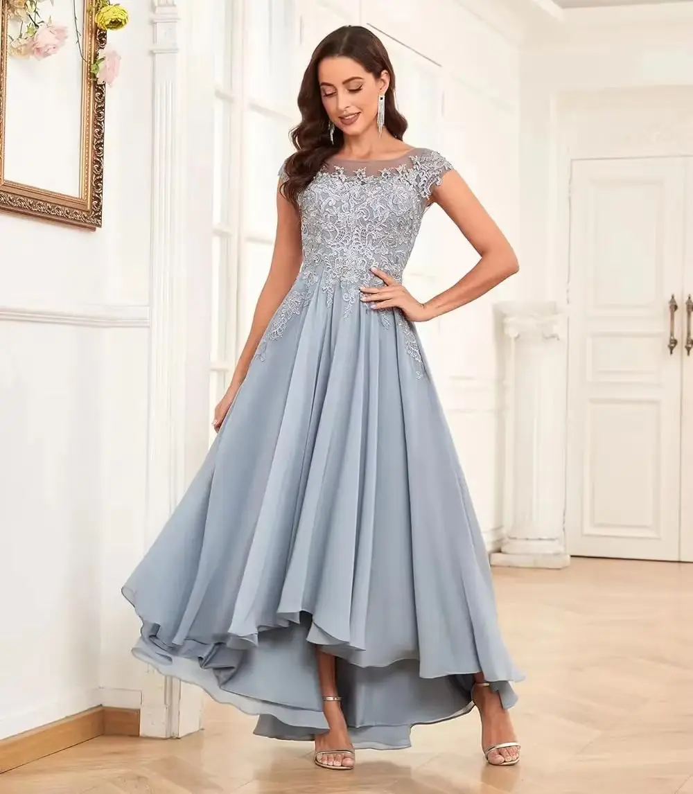 

Chiffon Lace Cap Sleeve Mother of the Bride Dresses With Pockets & Irregular Ruffles Elegant Plain Maxi Formal Evening Dress