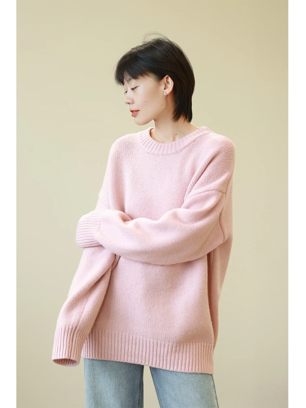 

Cozy Thiened Full Wool Soft Pink round Ne Pullover Sweater Autumn Winter New Sle White Knitted irt Women's Faion