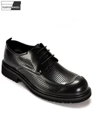 Summer Business Men Breathable Hollow Out Work Dress Shoes Round Toe Lace Up Thick Platform Cowhide Genuine Leather Formal Shoes