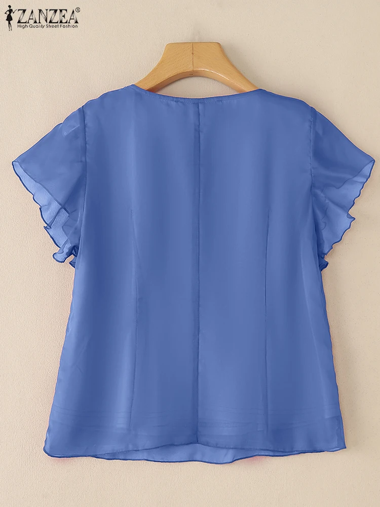 ZANZEA Elegante Chiffon Sheer Blouses Dames Ruches V-hals Korte Mouw Effen Kleur Tops 2025, Zomer Mode Vrouw Kleding S-3XL