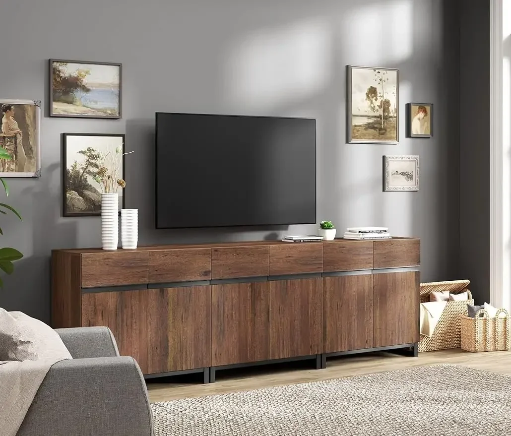 

A Modern TV Stand for TVs up to 100 inch, 3 in 1 Entertainment Center Console with Adjustable Shelves and Metal Base