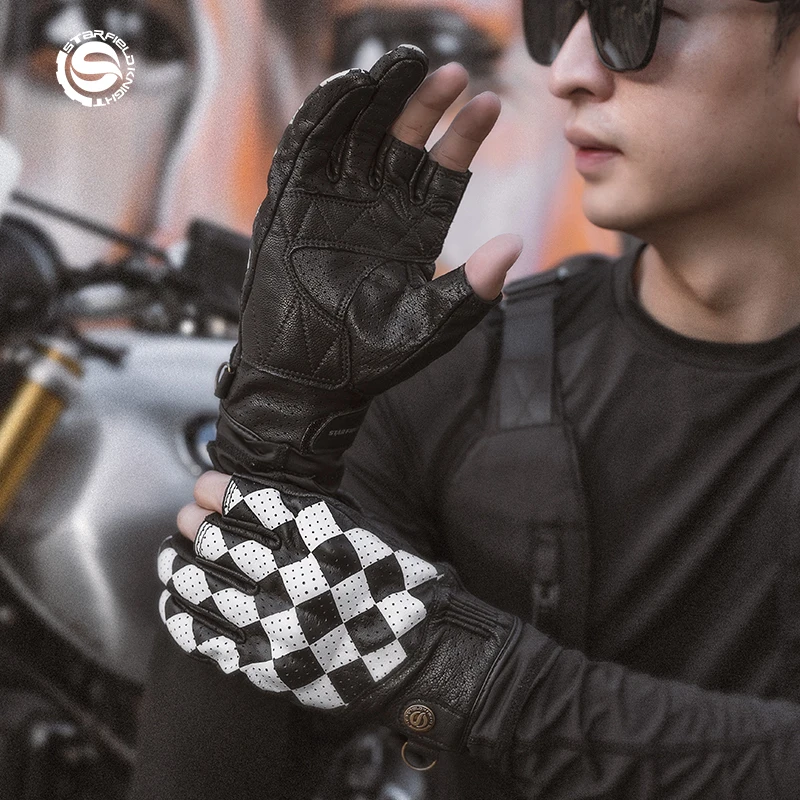 Star Field Knight Black-white Motorcycle Riding Gloves Half Finger Summer Breathable Real Goat Leather Non-slip Wear-resistant