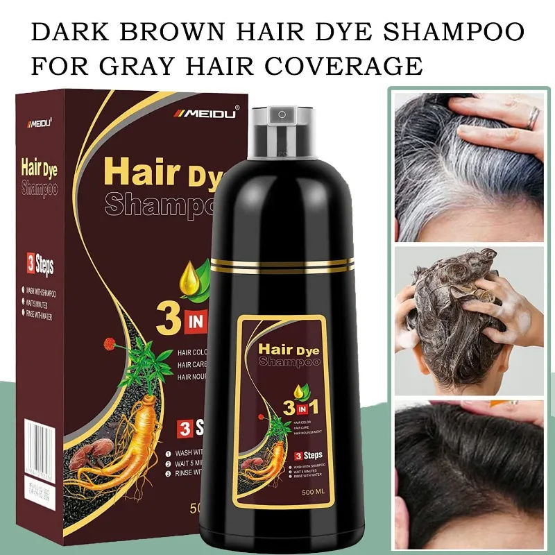 Sampo penggelap pewarna rambut abu-abu 500ml, penutup pewarna bahan Herbal alami tujuh warna rambut 3 dalam 1 untuk pria wanita