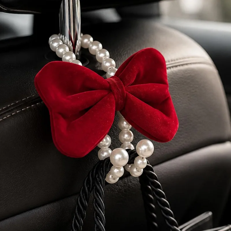 Cute Bow Headrest Hooks White Pearl Decor Car Rear Seat Hook Closed Design Auto Hanger Hook Universal Car Interior Accessories