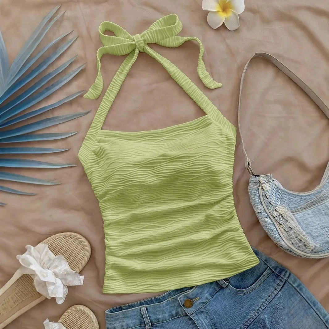 2025 Summer New Women\'s Fashion Crop Halter Inside The Halter Wearing Sleeveless Short Slimming Vest Top