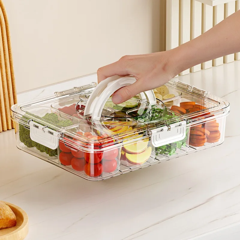

Veggie Tray with Lid and Handle, Divided Serving Tray, Snack Spinner, Portable Snackle Boxs for Candy Fruits Nuts, Clear Fridge
