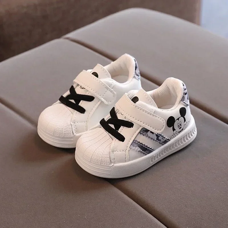 Disney White Casual Shoes For Baby Boy Girl Brand Children Sneaker Mickey Mouse Kids Shoes Toddler Walking Shoes Size 15-25