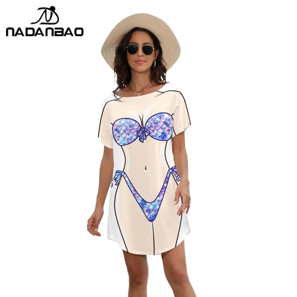 Nadanbao ผู้หญิง Mermaid บิกินี่รูปแบบเสื้อยืดฤดูร้อนบิกินี่ COVER UP ชุดแขนสั้น Baggy เสื้อแฟชั่นชุดว่ายน้ํา