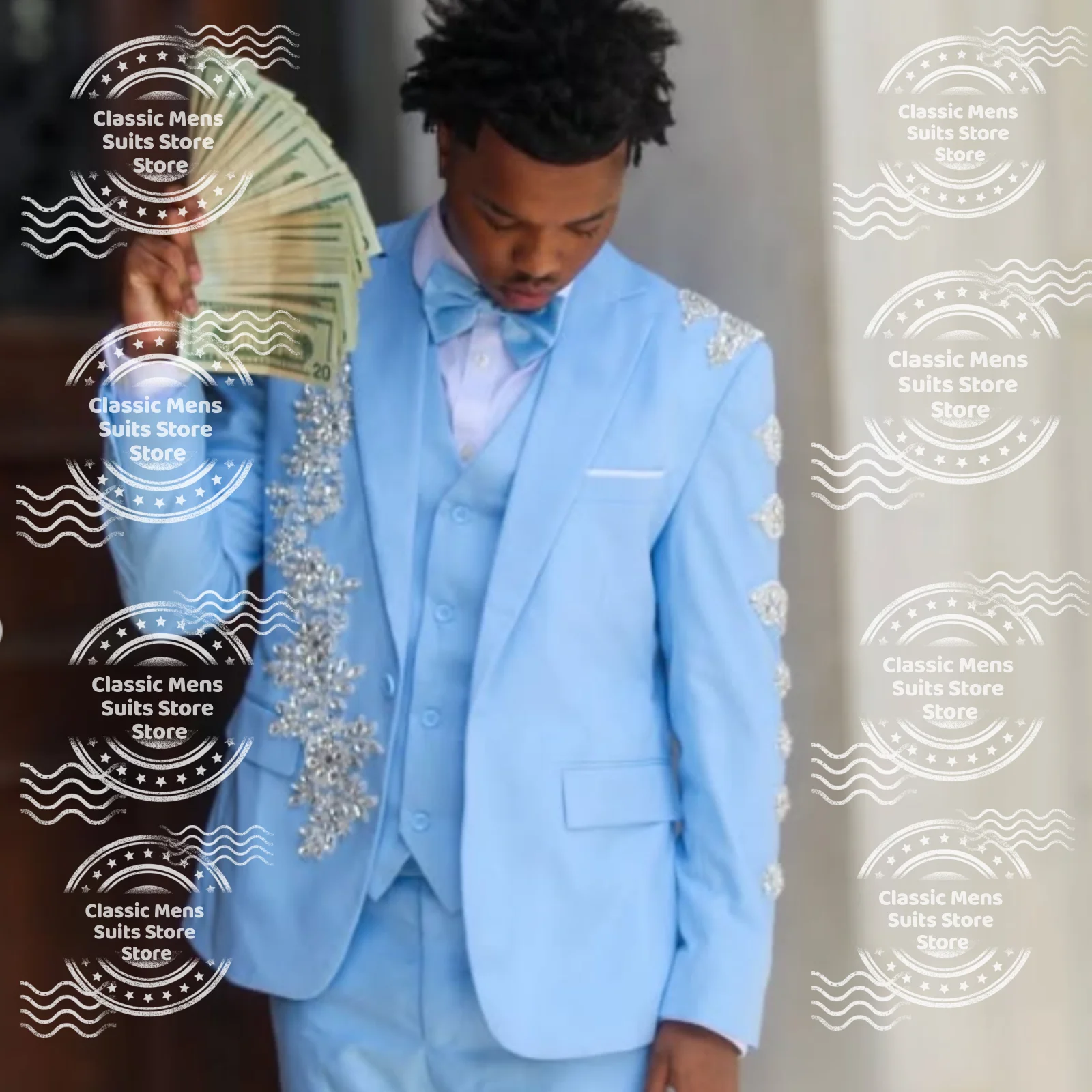 

Customized Luxury Rhinestone Men suit Retro Sequin Gem For Wedding Groom Male Prom Party Formal Blazer 3 Pieces Set Tuxedos Slim