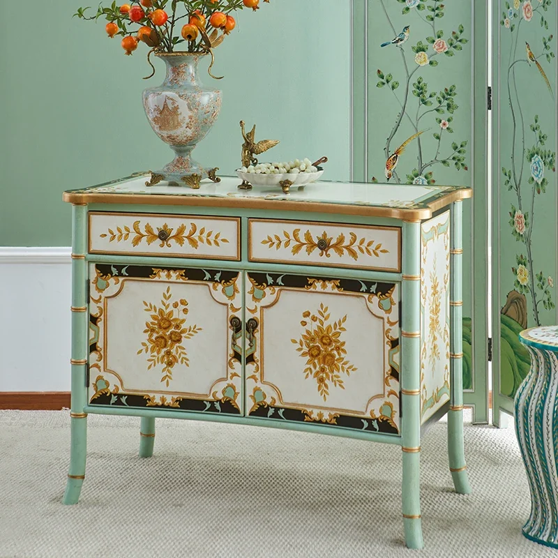 French retro solid wood dining side cabinet luxury European art hand-painted small entrance decorative