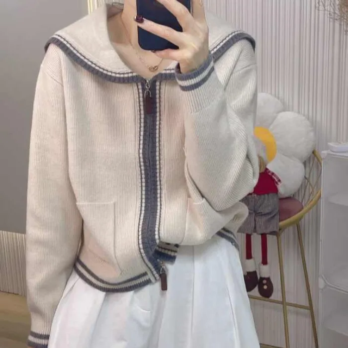 Suéter De punto para Mujer, cárdigans, nuevo suéter De punto con cuello marinero De manga larga, cárdigan, Tops para Mujer, prendas De punto, suéteres De Mujer Q1424