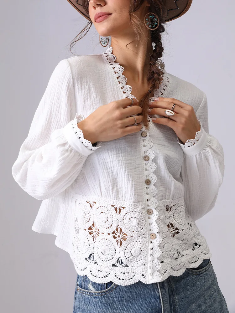 

Hollow Lace Shirt Women's 2025 Spring Summer Long Sleeve V-neck Cotton Fashion White Shirt Tops High-quality Women's Clothing