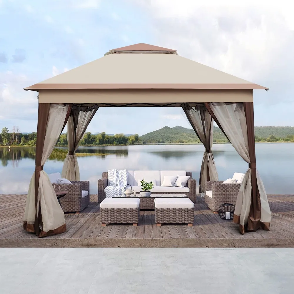 ！@Outdoor 11x11Ft Pop Gazebo Canopy Removable Zipper Netting 2-Tier Soft Top Eco-Friendly Metal Frame Event Tent for Patio Garde