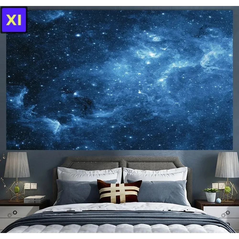 Blue Galaxy Nebula Tapestry, Starry Night Sky Wall Hanging, Cosmic Space Decor for Bedroom Dorm Ceiling Background
