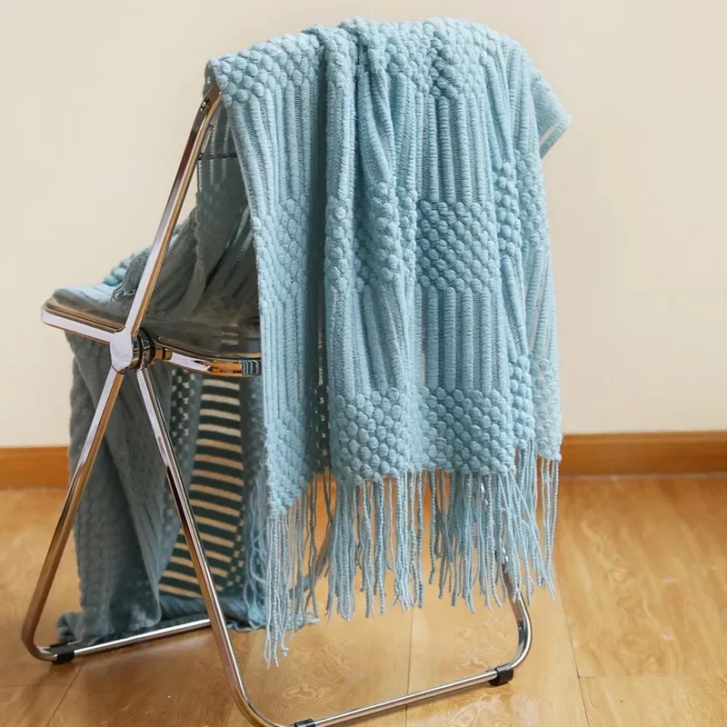 Luxury Solid Color Fringe Bean Blankets Tassels Knitted Throw Blanket Chunky Cozy Farmhouse Gift All Season Comfort for Home