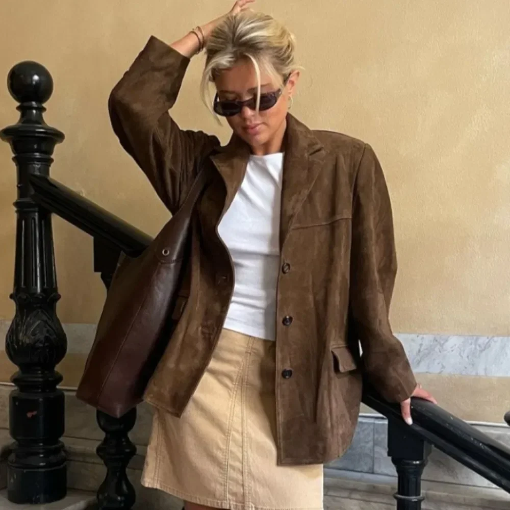 

Women New Chic Brown Suede Jacket Autumn Office Lady Commuting Outwear Elegant Lapel Long Sleeve Single Breasted Pockets Coats