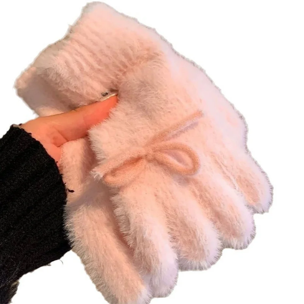 AliExpress Milk Blue Milk Powder Plush Knitted Gloves Women's Winter Cute Bow Thickened Finger Antifreeze Student Cycling Warmth