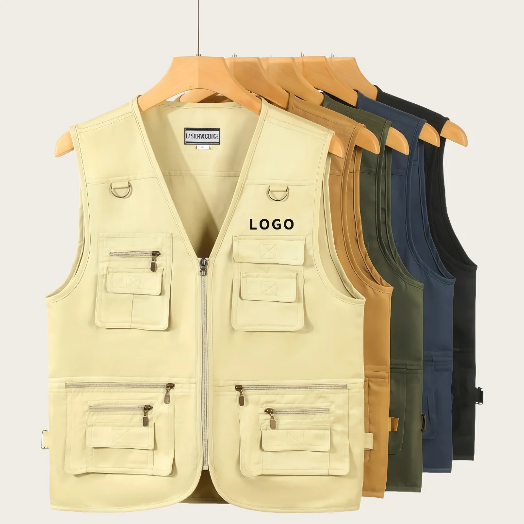 Mens Multi Pocket Group Work Vest Outdoor Tactical Hiking Fishing Vests Solid Photography Director Sleeveless Zipper Jacket Vest